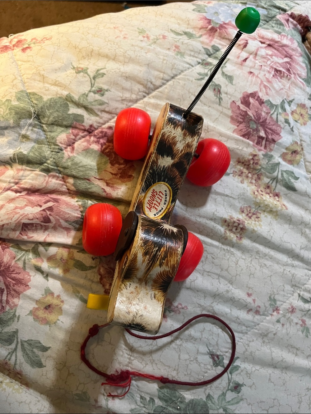 Vintage Wooden Pull Toy Car with Red Wheels and Green Antenna